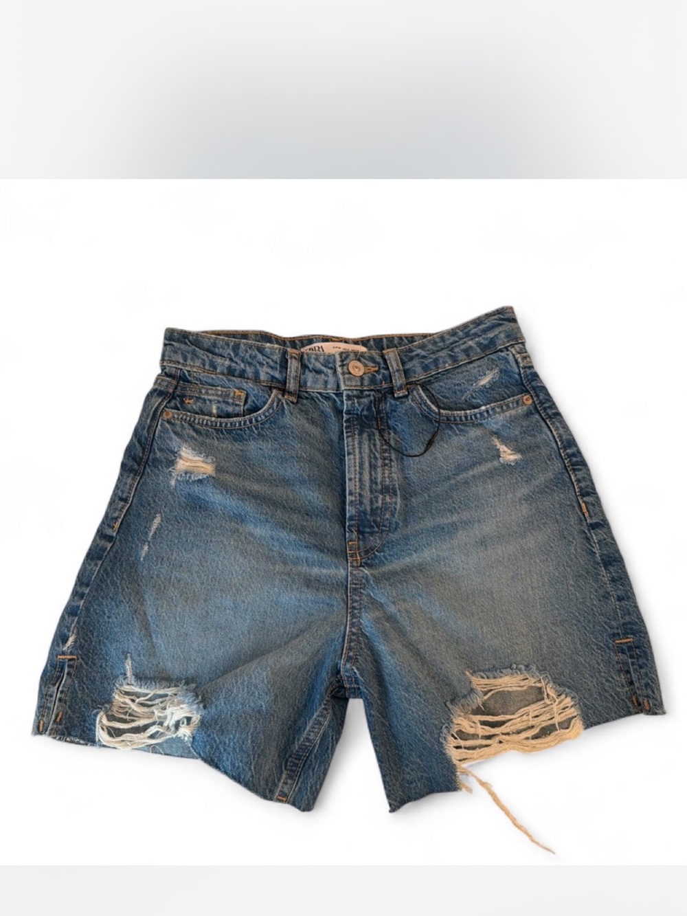 Zara Distressed Mid-Blue Denim Shorts